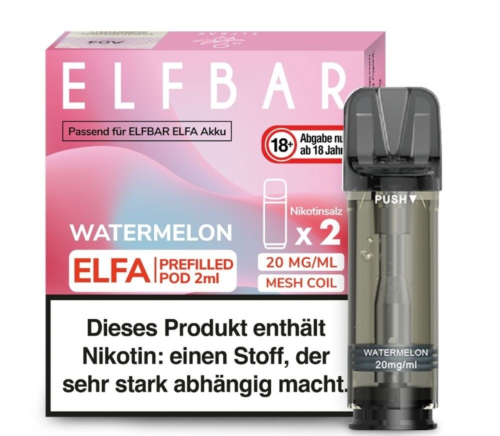 Watermelon Elfa Pods von Elfbar 20mg Elfbar ELFA Pods Watermelon 20mg Packung und Pod mit Warnhinweis, geeignet für ELFBAR ELFA Akku, Nikotinsalz x2, Prefilled Pod 2ml.