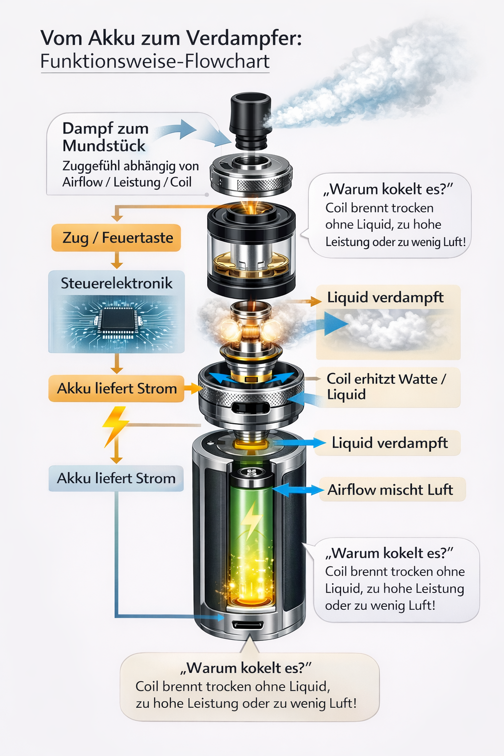 Flowchart zur Funktionsweise einer E-Zigarette: Akku liefert Strom, Coil erhitzt Liquid, Luftstrom transportiert Dampf zum Mundstück