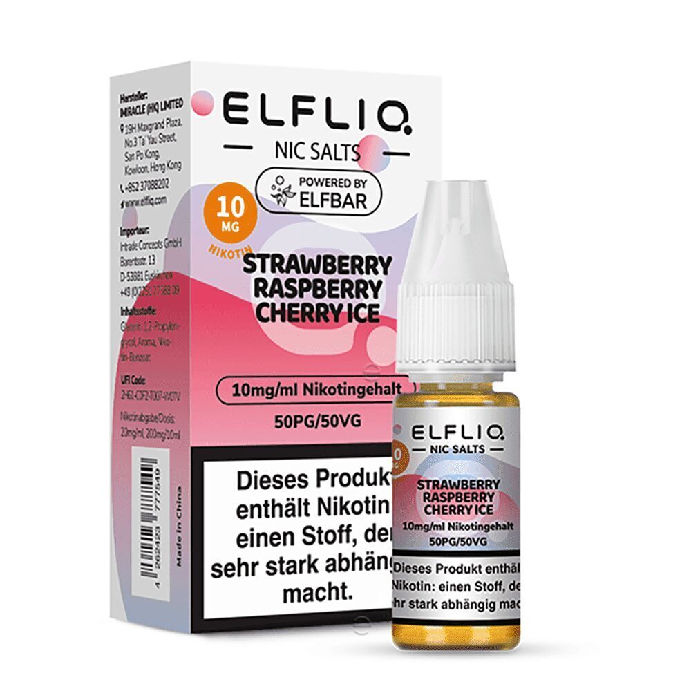 Elfliq Nikotinsalz - Strawberry Raspberry Cherry Ice 10mg Elfliq Nikotinsalz-Flasche und Verpackung mit der Geschmacksrichtung Strawberry Raspberry Cherry Ice, 10mg/ml Nikotingehalt.