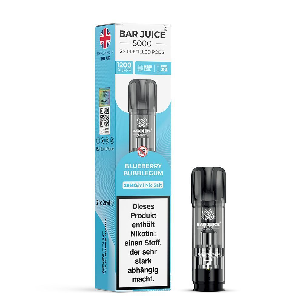 Blueberry Bubblegum 20mg - Bar Juice 5000 Pods Bar Juice 5000 Pods Blueberry Bubblegum 20mg, Packung mit Warnhinweis, zwei vorgefüllte Pods, UK-Design, inklusive 1200 Puffs