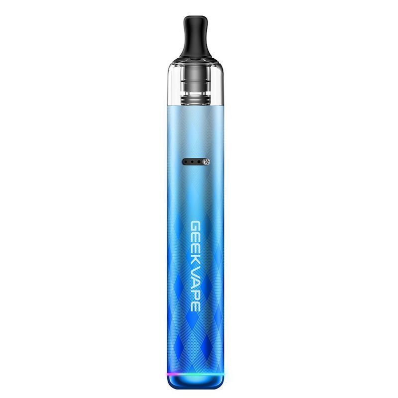 Geekvape Wenax S3 Pod Kit in der Farbe Texture Blue Geekvape Wenax S3 Pod Kit in Blau mit Textur, schwarzem Mundstück, sichtbaren Lufteinlässen und vertikalem „Geekvape“-Logo am Gehäuse.