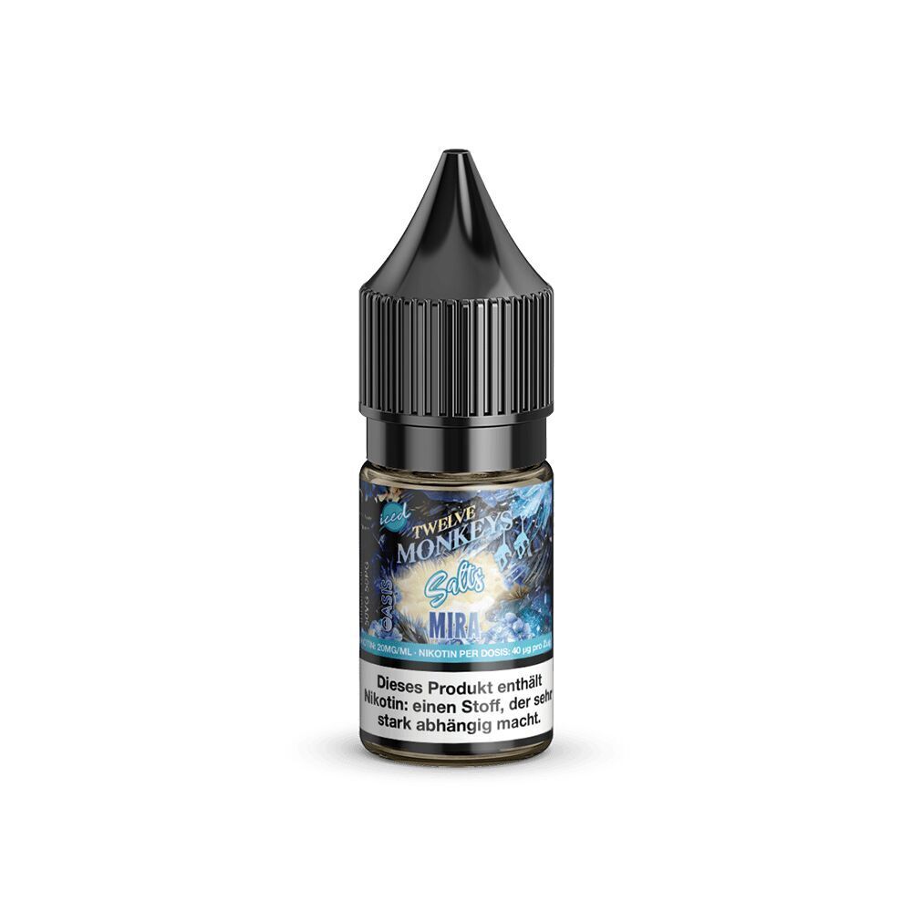Liquid Mira 20mg - Twelve Monkeys Nikotinsalz-Flasche "Twelve Monkeys Salts Mira" mit schwarzem Deckel, blauem Etikett, Text "Dieses Produkt enthält Nikotin", 20 mg.