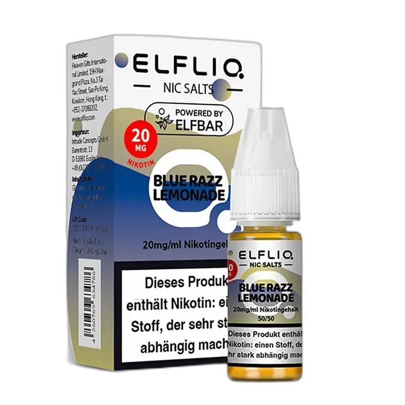 Elfliq Nikotinsalz - Blue Razz Lemoande 20mg Elfliq Nikotinsalz Blue Razz Lemonade in einer 20 mg Flasche mit Verpackung und Warnhinweis über Nikotingehalt auf Deutsch.