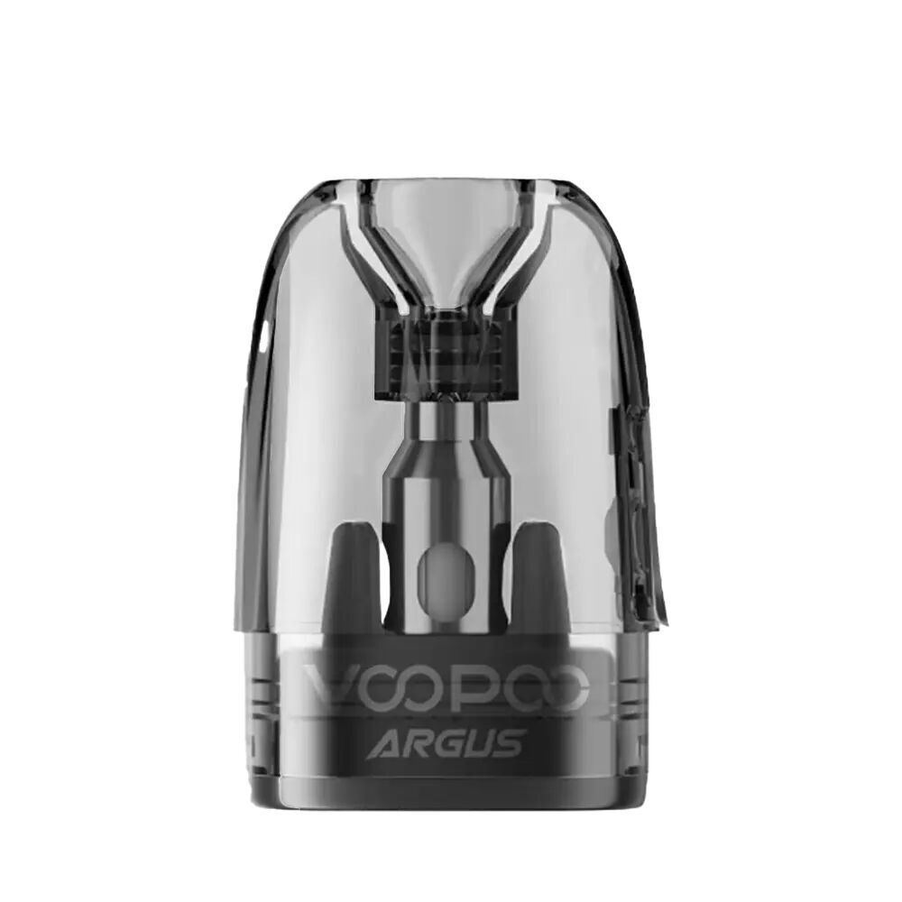 Voopoo Argus Topfill Pods mit Coil 0,7 Ohm Voopoo Argus Topfill Pod mit Coil sichtbar, transparentes Design, darunter das Voopoo Argus-Logo in Schwarz.