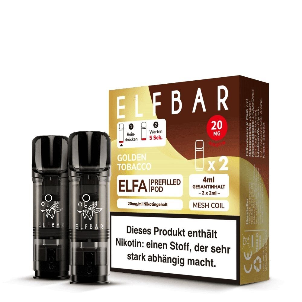 Golden Tobacco Elfa Pods von Elfbar 20mg Elfbar ELFA Pods Golden Tobacco 20mg, zwei schwarze Pods vor einer Verpackung mit Angaben zum Nikotingehalt und Warnhinweis.