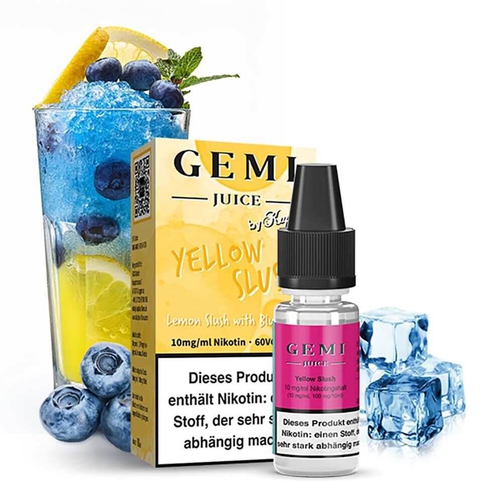 Liquid Yellow Slush von Kapkas Gemi Juice Kapkas Gemi Juice Nikotinsalz Yellow Slush mit Flasche und Verpackung vor einem Glas mit blauen und gelben Getränk, Blaubeeren und Zitrone.