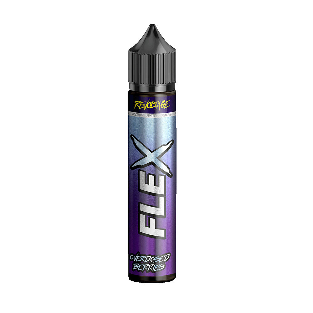 Revoltage Flex Longfill Aroma Berries Flasche mit schwarzem Deckel, blau-lila Farbverlauf und der Aufschrift „FLEX“ und „Overdosed Berries“