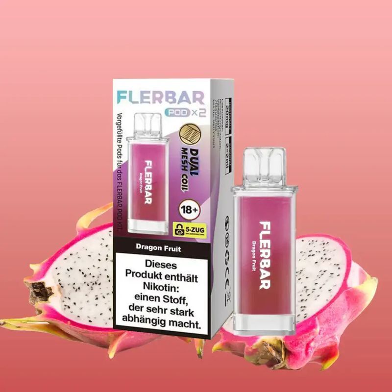 Dragon Fruit 20mg - Flerbar Pods Flerbar Pods Dragon Fruit 20mg Verpackung mit einer transparenten Pod-Kartusche und aufgeschnittenen Drachenfrüchten im Hintergrund