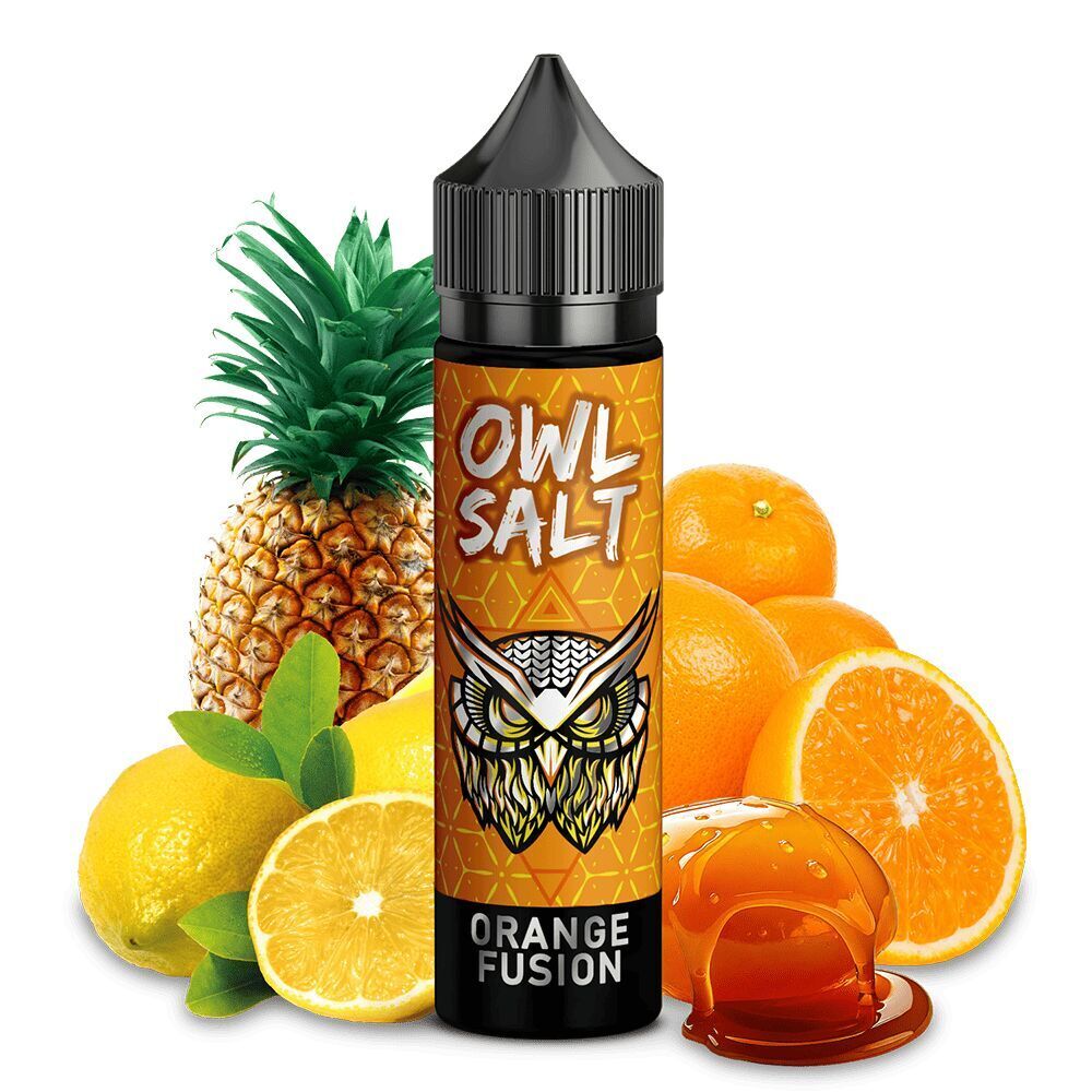 Aroma Orange Fusion - Owl Salt Flasche OWL Salt Orange Fusion vor Ananas, Zitronen und Orangen; Etikett zeigt Eulenmotiv.
