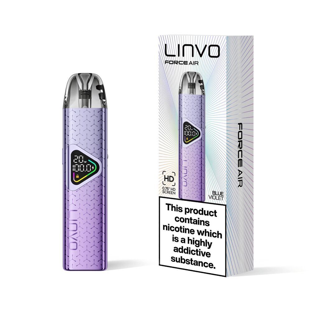 Linvo Force Air Pod Kit in Blau-Violett neben passender Verpackung mit Display-Anzeige und Hinweis auf Nikotinhalt.