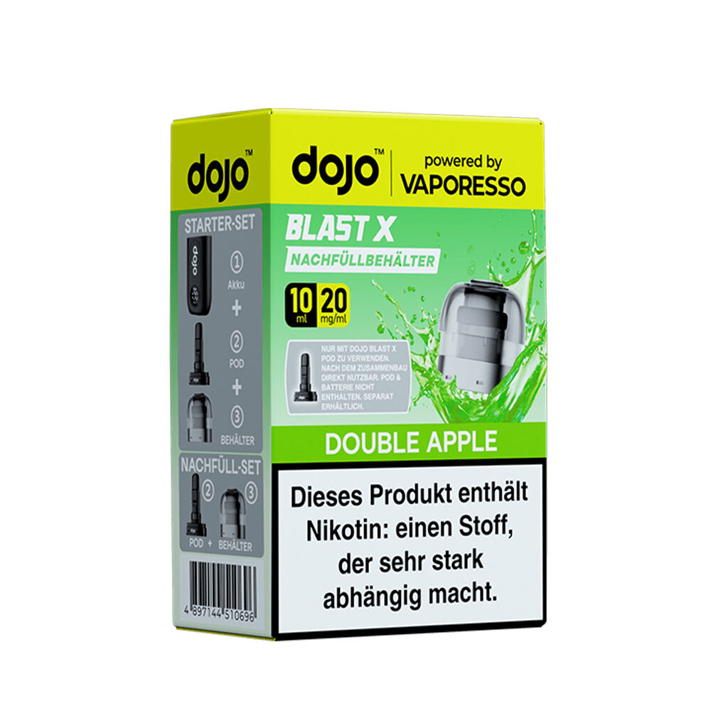 Vaporesso Dojo Blast X Pods - 20mg Nikotinsalz Verpackung der Vaporesso Dojo Blast X Pods, Double Apple 20mg, mit grünem Design und Nikotinwarnung.