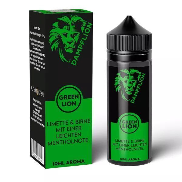 Aroma Green Lion von Dampflion Originals Dampflion Originals Aroma Green Lion Flasche neben Verpackung, mit grüner Aufschrift "Green Lion", darunter Text "Limette & Birne mit einer leichten Mentholnote"