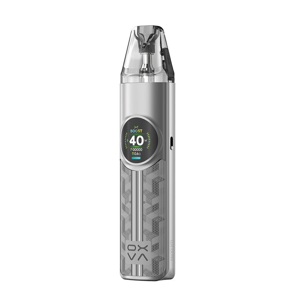 OXVA NeXLIM Pod Kit in Traction Gray mit sichtbarem Digitaldisplay, das "BOOST", "40W" anzeigt, und strukturiertem Gehäuse.