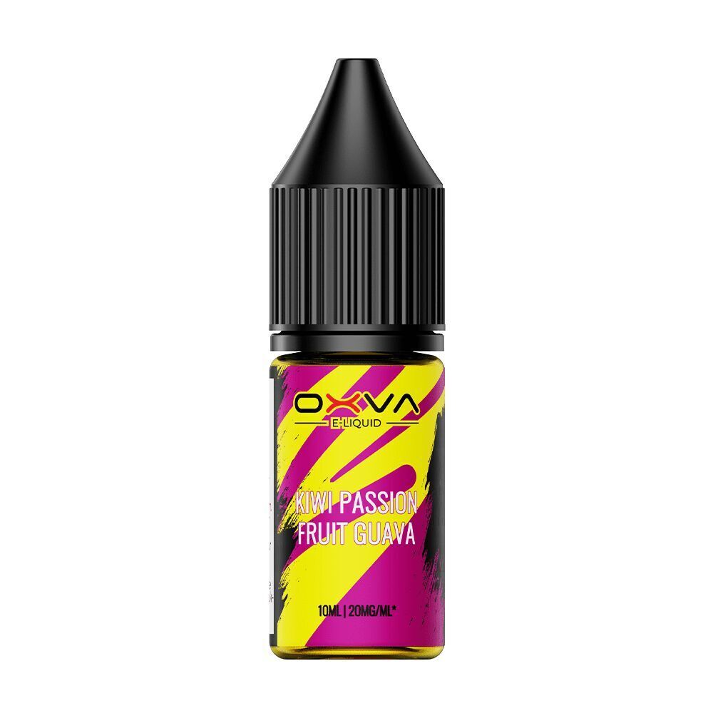 Oxva E-Liquid Flasche mit schwarzem Verschluss, gelbem und pinkem Etikett, Text: "Kiwi Passion Fruit Guava", 10ml, 20mg/ml.