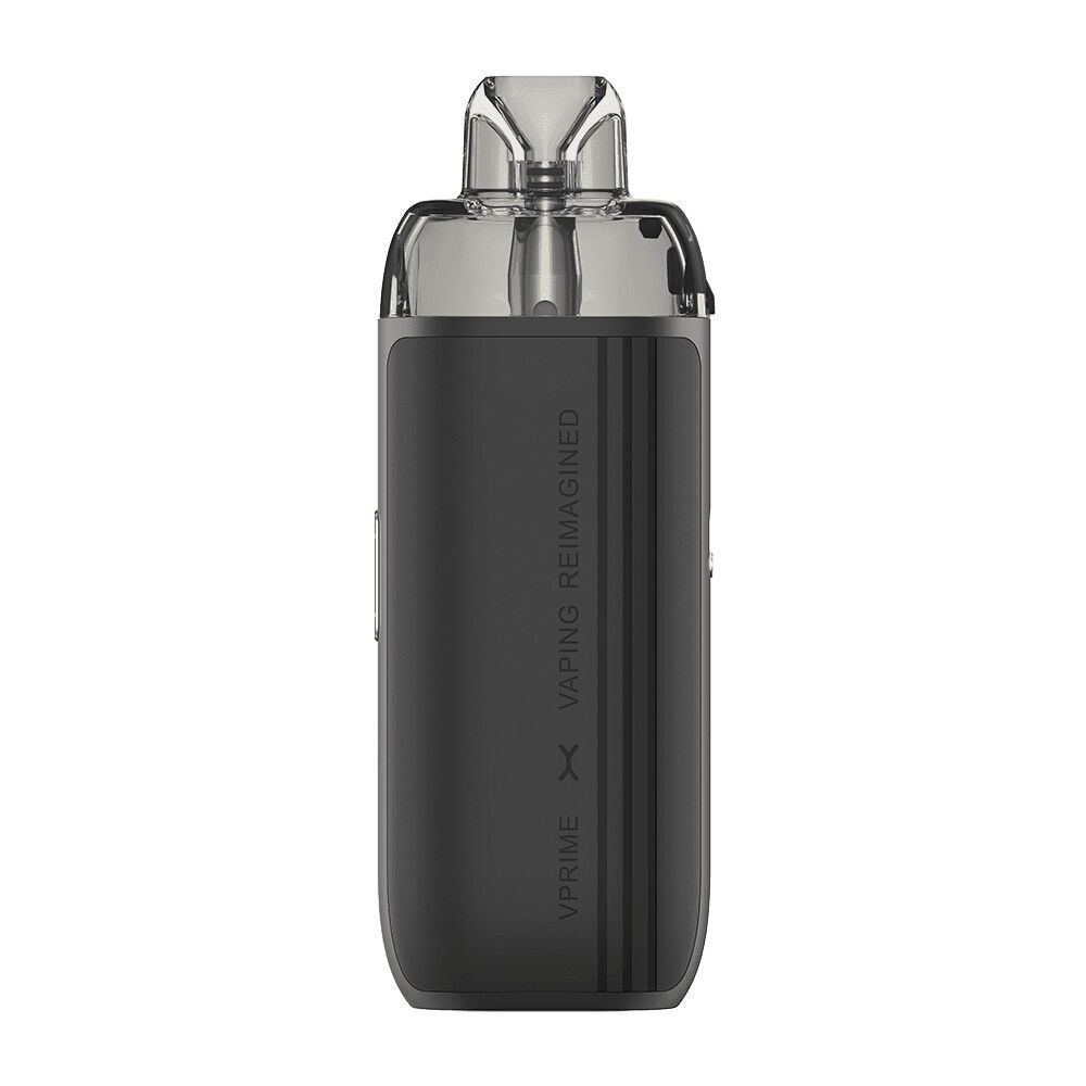 Oxva Vprime Pod Kit in Black Leather mit transparentem Podaufsatz, seitliche Beschriftung "Vaping Reimagined", schlankes Design