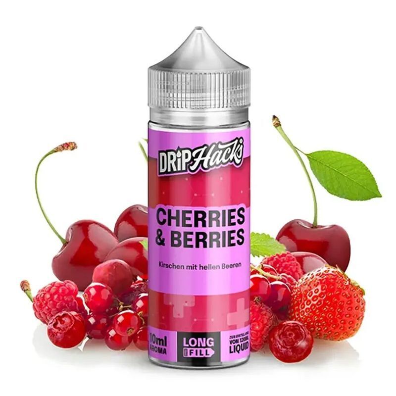Aroma Cherries & Berries von Drip Hacks Drip Hacks Aroma Cherries & Berries Flasche vor Kirschen, Himbeeren und Erdbeeren, pinkes Etikett mit Produktdetails.