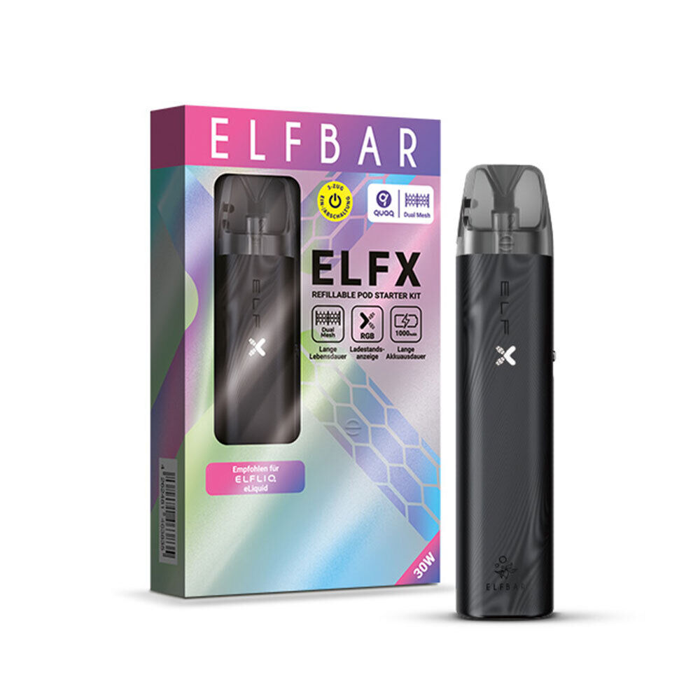 Elfbar Elfx Refillable Pod Kit Elfbar Elfx Pod Kit in Schwarz mit Verpackung, zeigt Details wie LED-Anzeige, lange Akkulaufzeit, Empfehlung für ELFLiq eLiquid