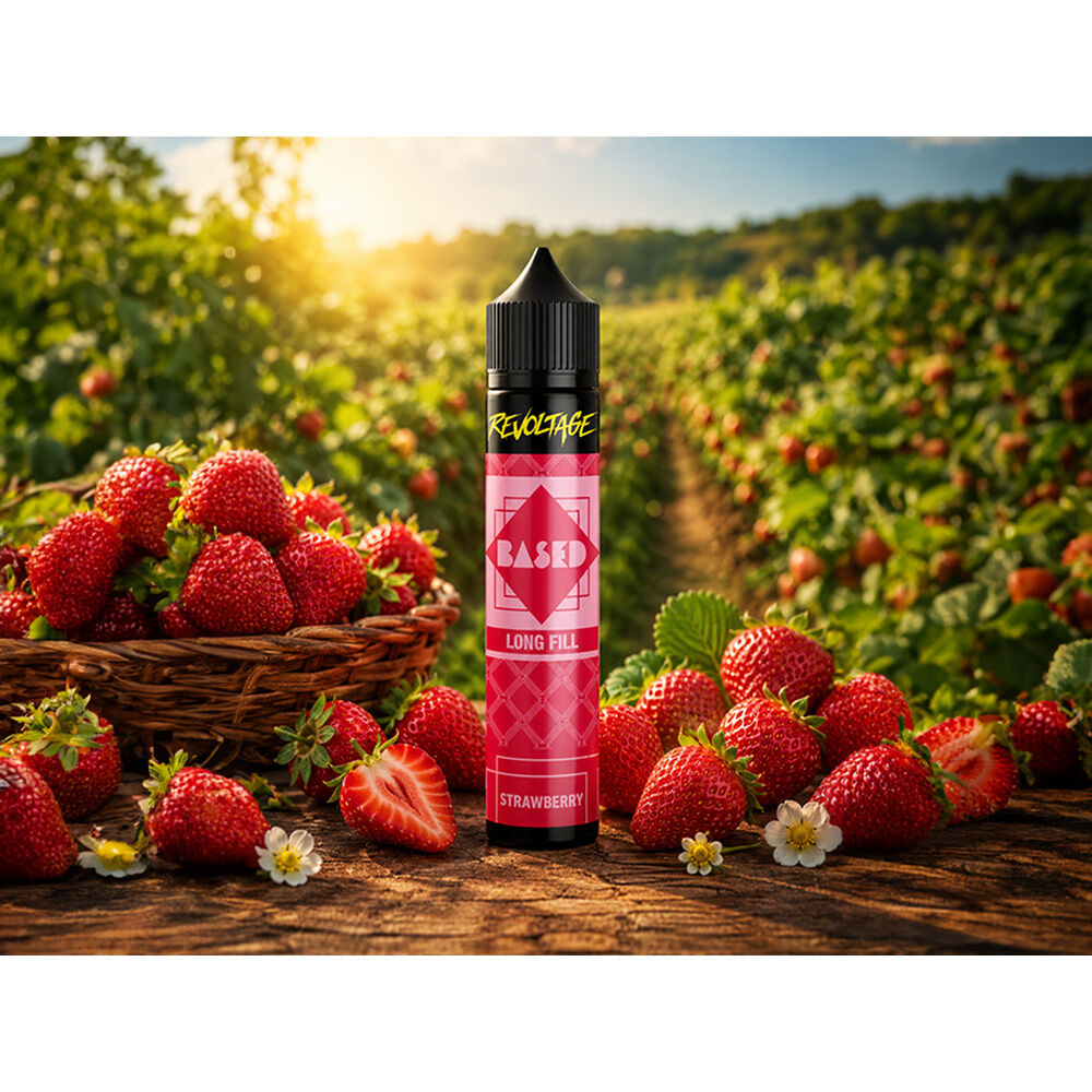 Revoltage Based Longfill Aroma Strawberry in einer Flasche mit pinkem Etikett vor einem Erdbeerfeld mit frischen Erdbeeren im Korb.