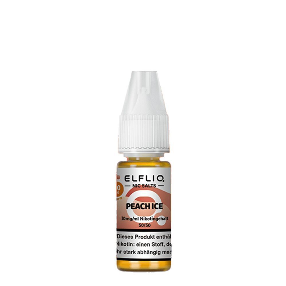 Elfliq Nikotinsalz - Peach Ice 10mg Elfliq Nikotinsalz Peach Ice 10mg Flasche mit weißem Deckel, orangefarbene und weiße Etiketten, Hinweis zu stark abhängig machendem Nikotin