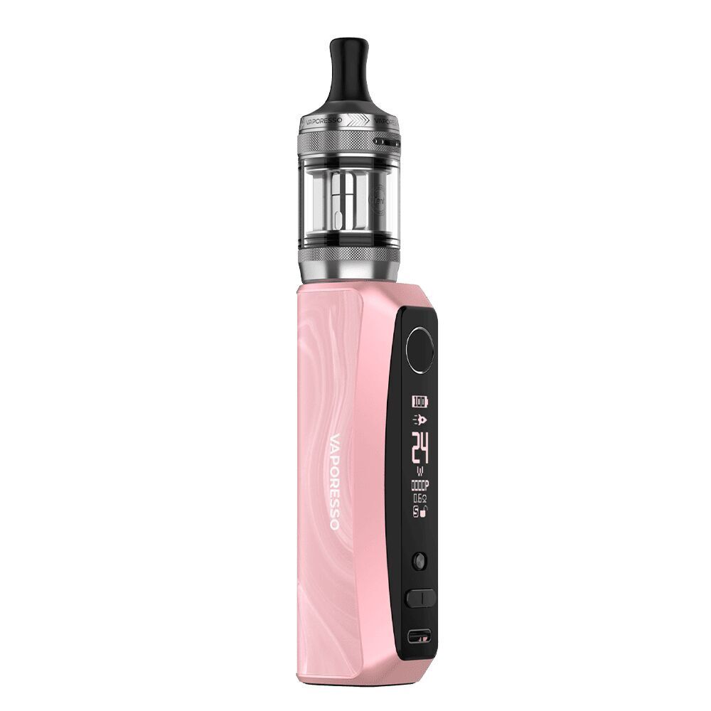Vaporesso GTX One Pro Box Kit in Pink mit schwarzem Display, Akkutaste und Tank oben, Branding sichtbar auf der Seite.