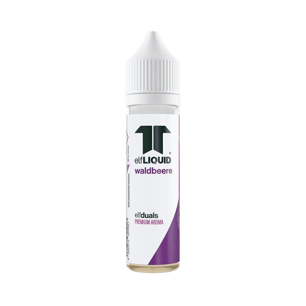 Elf Liquid Aroma - Waldbeere Elf Liquid Aroma Flasche mit Waldbeere-Geschmack, weißes Etikett mit lila Akzenten, Logo und Text "elfLIQUID waldbeere" und "elfduals Premium Aroma"