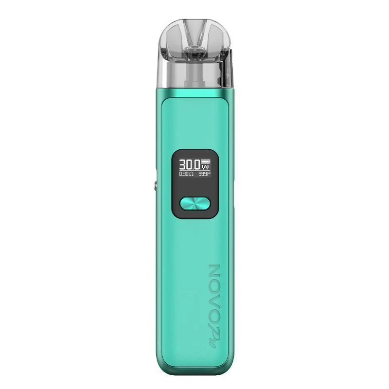 Smok Novo Pro Pod Kit in der Farbe Cyan Leather Smok Novo Pro Pod Kit in Cyan Leather mit Digitalanzeige, zwei Tasten und durchsichtigem Mundstück.