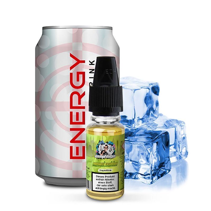 Liquid Monstaahh mit 20mg Nikotin von Dampfdidas E-Liquid Dampfdidas Nikotinsalz Monstaahh 20mg neben einer Energy-Drink-Dose und Eiswürfeln