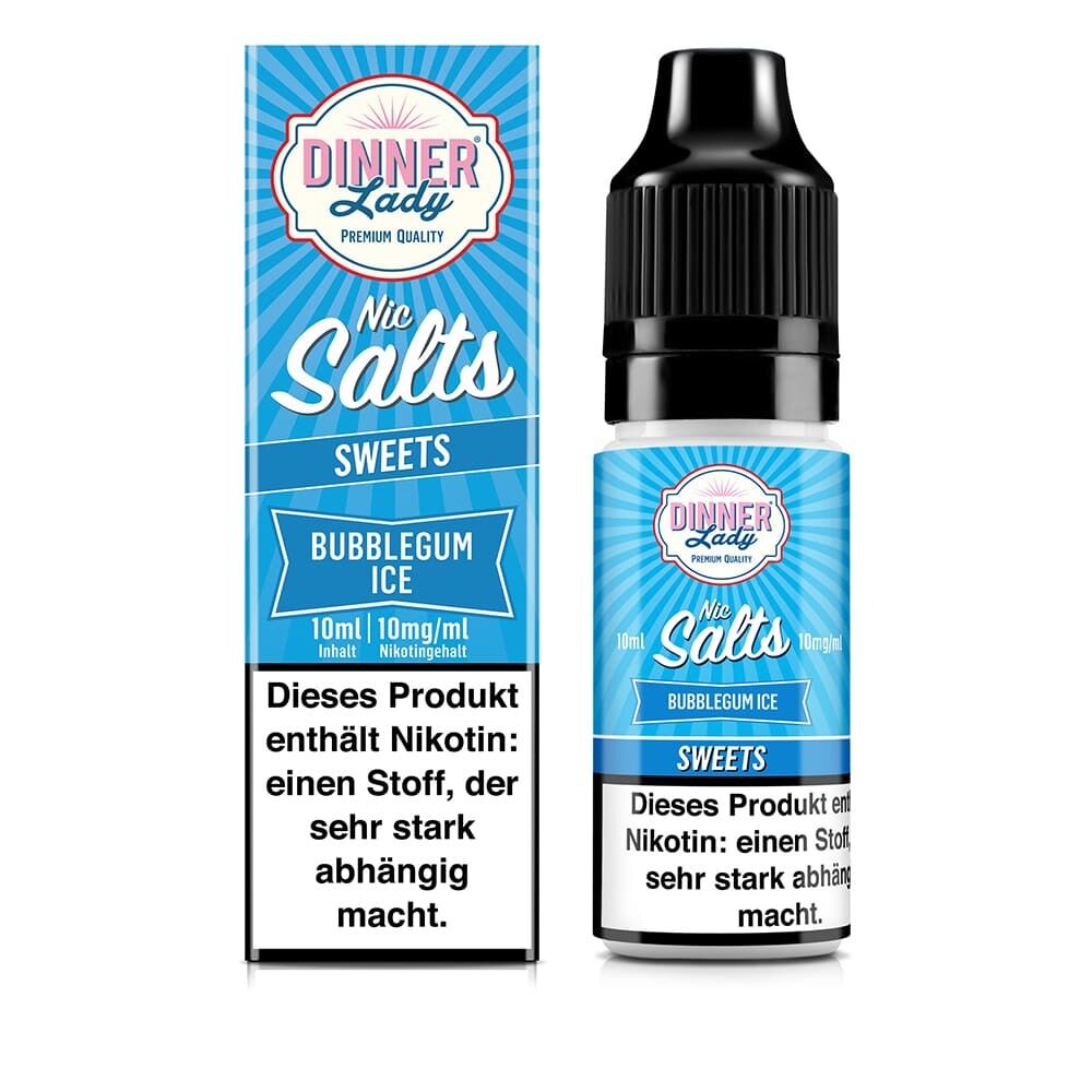 Liquid Bubblegum Ice mit 10mg Nikotin von Dinner Lady Dinner Lady Nic Salts Bubblegum Ice E-Liquid mit 10mg Nikotingehalt in blauem Design, Flasche und Verpackung mit Warnhinweis.