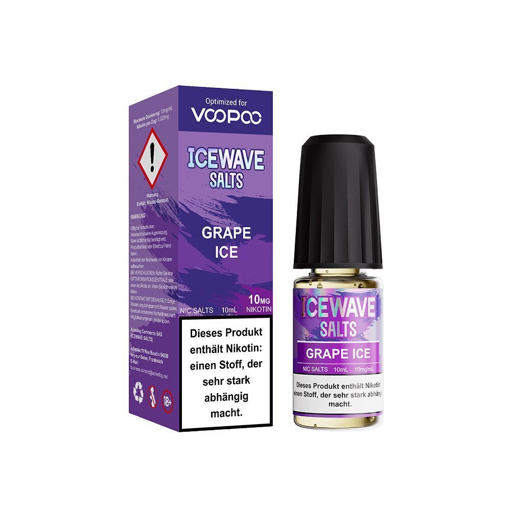 Icewave Nikotinsalz - Grape Ice 10mg Icewave Salts Grape Ice 10mg Nikotinsalz 10ml Flasche, violett gestaltete Verpackung mit Warnhinweis zur Nikotinabhängigkeit.
