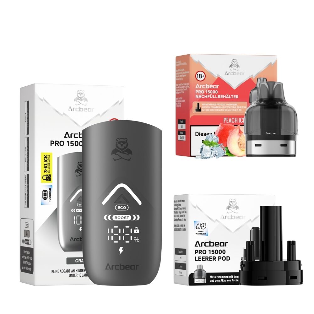 Arcbear Pro 15000 Set bestehend aus einem grauen Gerät, Peach Ice Nachfüllbehälter, leerem Pod, Verpackungen mit Eisbär-Logo und Text.
