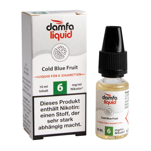 Liquid Cold Blue Fruit 6mg - damfaliquid Verpackung und Flasche des Damfaliquid Cold Blue Fruit 6mg Nikotin für E-Zigaretten, 10 ml Inhalt, Warnhinweis auf Nikotinsucht.
