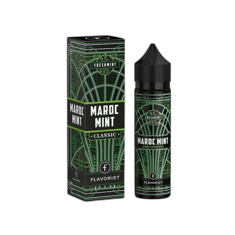 Aroma Maroc Mint von Flavorist Flavorist Aroma Maroc Mint Verpackung mit schwarzer Flasche und grünem Design, Markenlogo und Text "Freshmint Classic" sichtbar