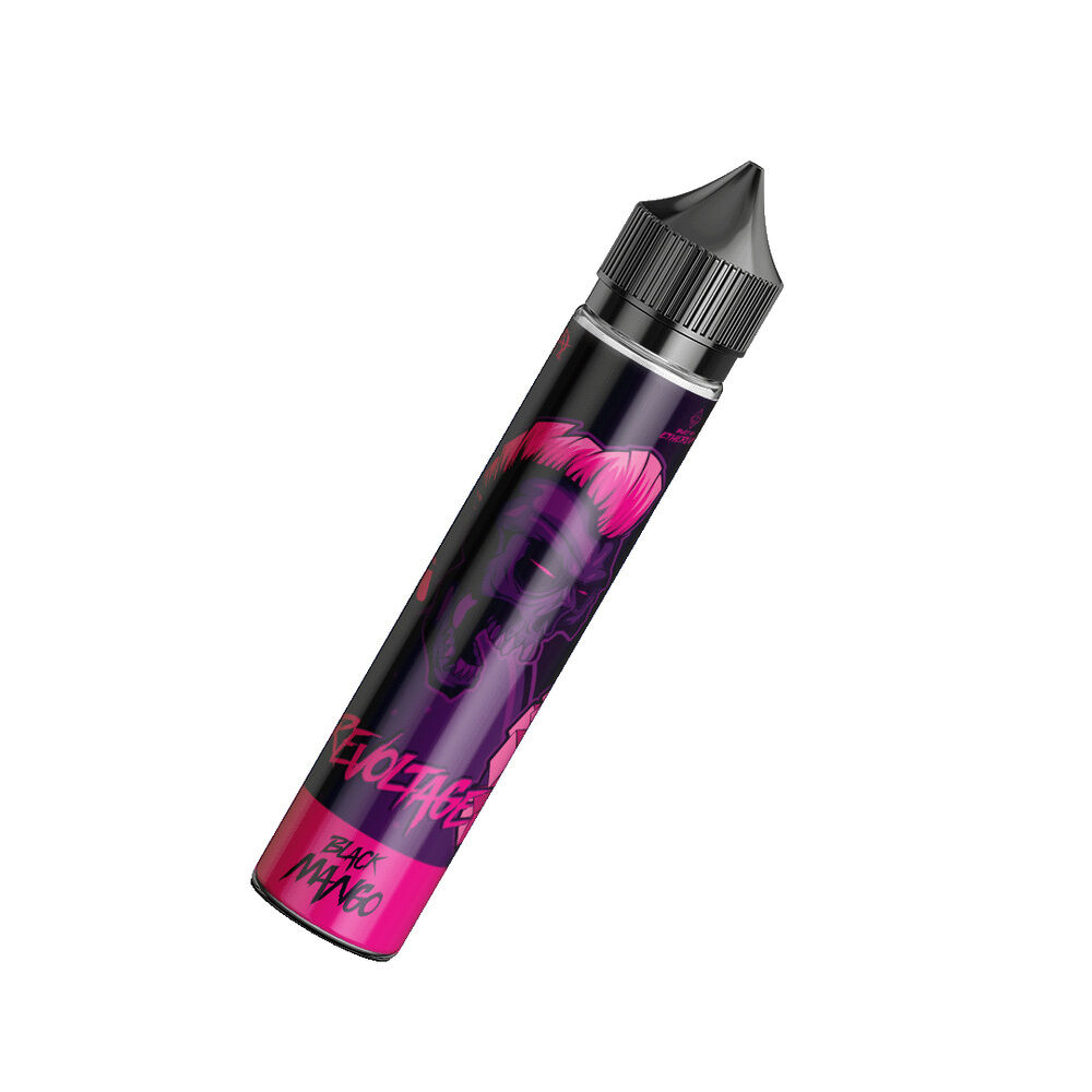 revoltage-longfill-aroma-black-mango_2 Flasche mit Revoltage Longfill Aroma, Black Mango Design, auffällig pink-violettes Label und schwarzer Verschluss