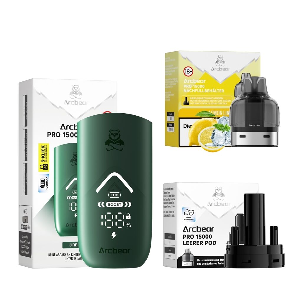 Arcbear Pro 15000 Set mit grünem Gerät, Verpackungen, Lemon Line 20mg Nachfüllbehälter, leerem Pod und Zitronenabbildung.