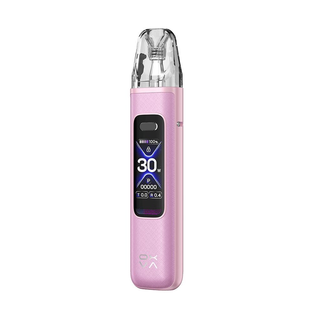 Oxva Xlim Pro 3 Pod Kit - Pink Silk Oxva Xlim Pro 3 Pod Kit in Pink Silk mit transparentem Mundstück, LED-Display zeigt 30 W an, darunter Akkustand und Logo sichtbar