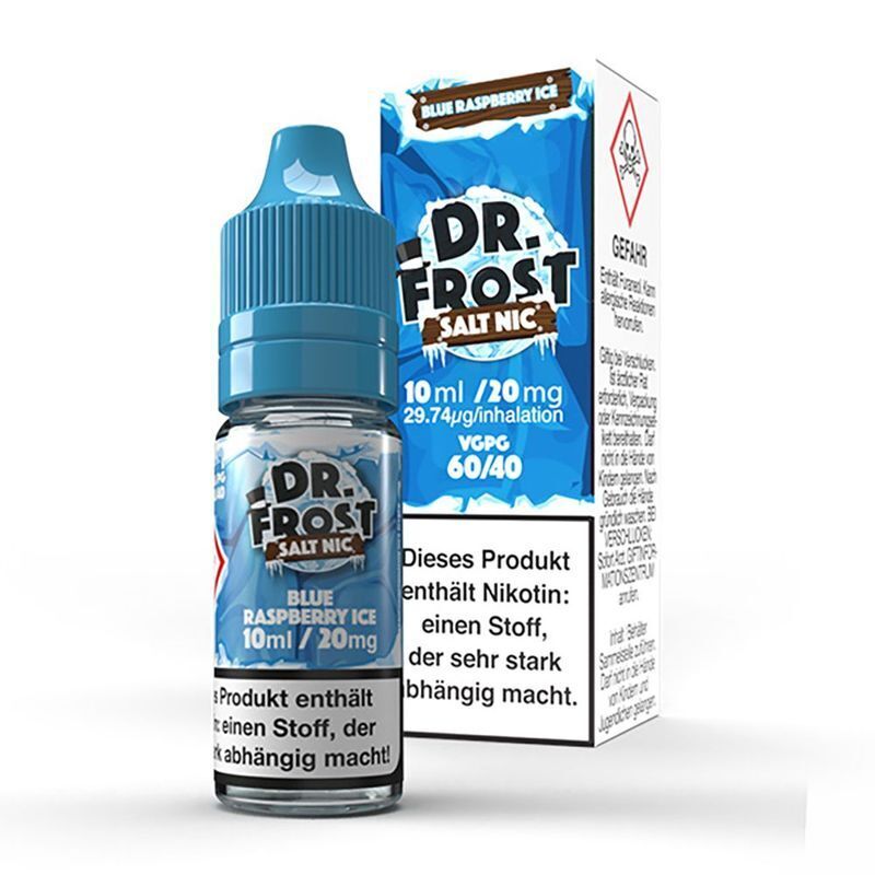 Liquid Blue Raspberry Ice mit 20mg Nikotin von Dr. Frost Flasche Dr. Frost Salt Nic Blue Raspberry Ice 10ml 20mg neben passender Verpackung mit Warnhinweisen und blau-weißem Design.