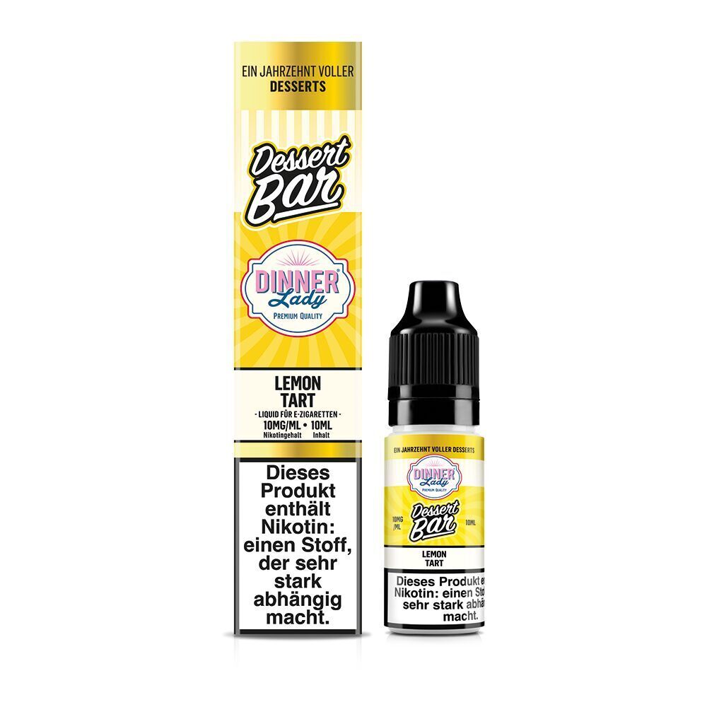 Liquid Lemon Tart 10mg - Dinner Lady Nikotinsalz Dinner Lady Dessert Bar Lemon Tart 10mg Nikotinsalz in gelb-weißer Verpackung, Warnhinweis zu Nikotingehalt, Flasche daneben.