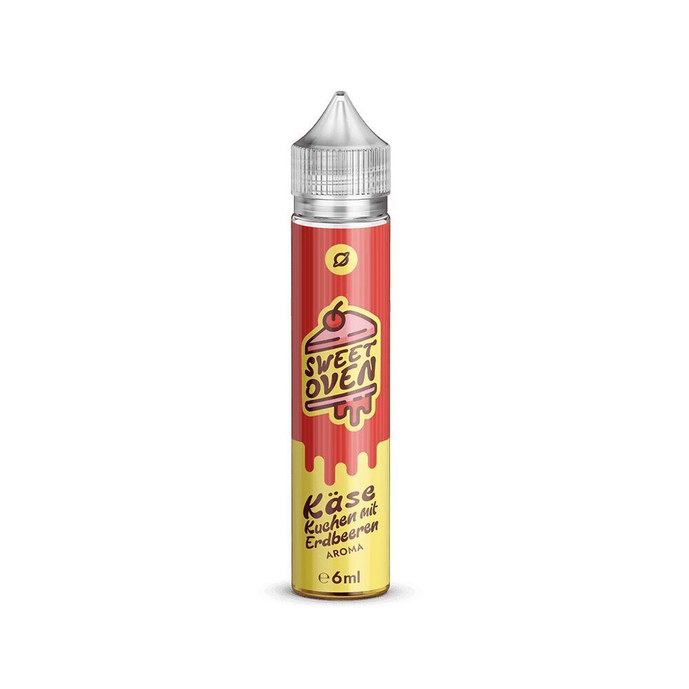Flavorverse Aroma in einer Flasche mit der Aufschrift Käsekuchen mit Erdbeeren und einer stilisierten Kuchen-Illustration auf rotem Hintergrund.