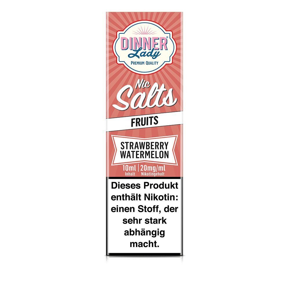 Verpackung von Dinner Lady Nic Salts, Strawberry Watermelon, 10 ml, 20 mg/ml, Warnhinweis: Enthält Nikotin, sehr stark abhängig machend
