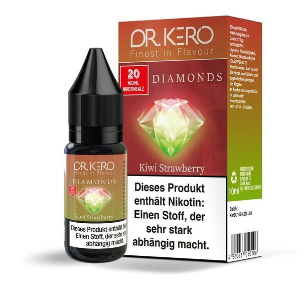 Liquid Kiwi Strawberry von Dr. Kero Diamonds v2 Dr. Kero Diamonds v2 Nikotinsalz-Flasche und Verpackung mit Kiwi Strawberry Geschmacksrichtung, 20 mg/ml Nikotin, enthält Warnhinweis