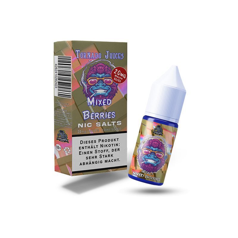 Tornado Juices Nikotinsalz Mixed Berries Flasche und Verpackung mit markanter Grafik und Warnhinweis über den Nikotingehalt