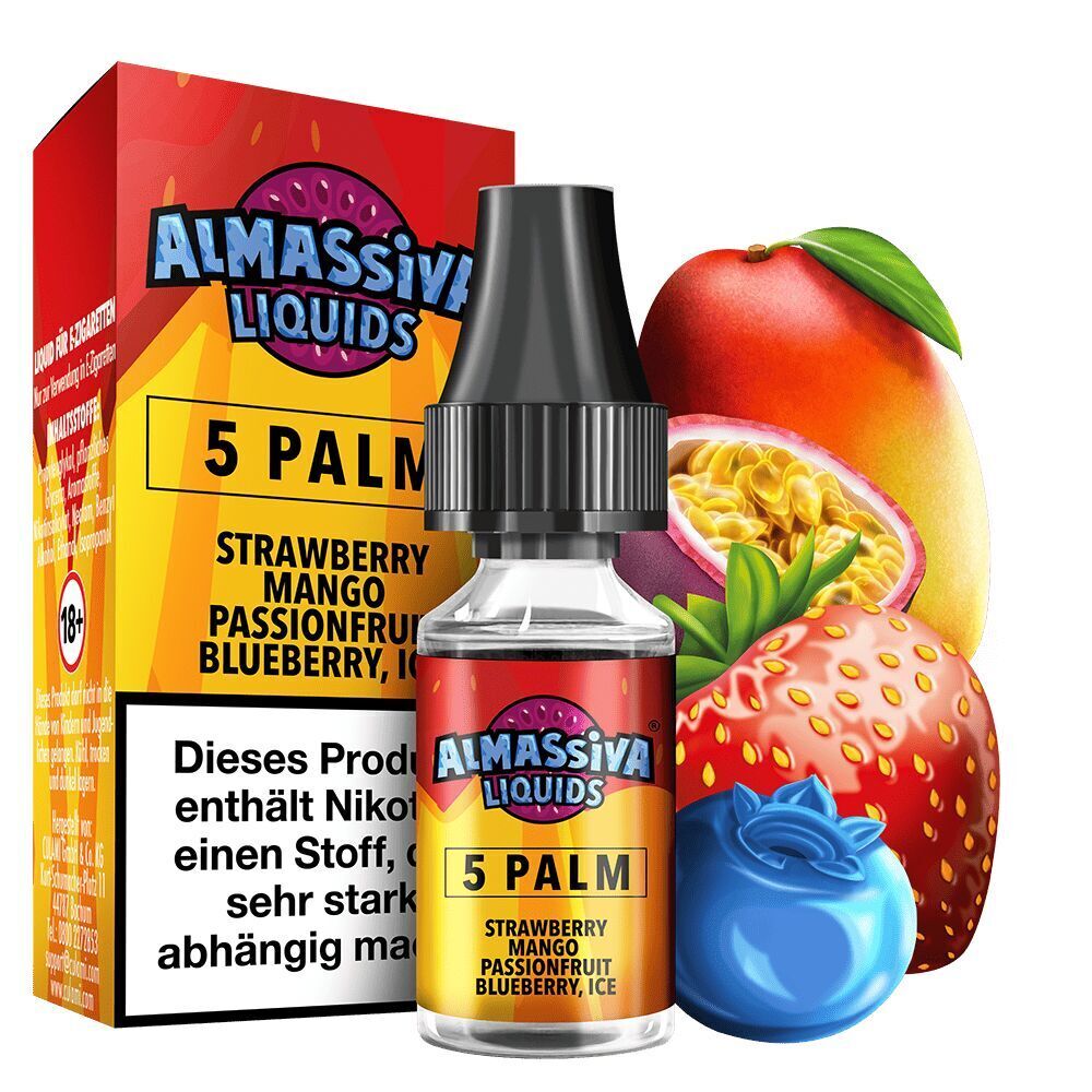 Liquid 5 Palm von Al Massiva Flasche Al Massiva Liquids 5 Palm Nikotinsalz vor einer Verpackung mit Früchten wie Erdbeere, Passionsfrucht, Mango und Blaubeere.