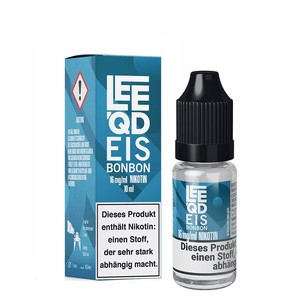 Liquid Fresh Eisbonbon 16mg - Leeqd Leeqd Liquid Fresh Eisbonbon 16mg, rechteckige Verpackung und Flasche, Warnhinweis "Dieses Produkt enthält Nikotin: einen Stoff, der sehr stark abhängig macht"