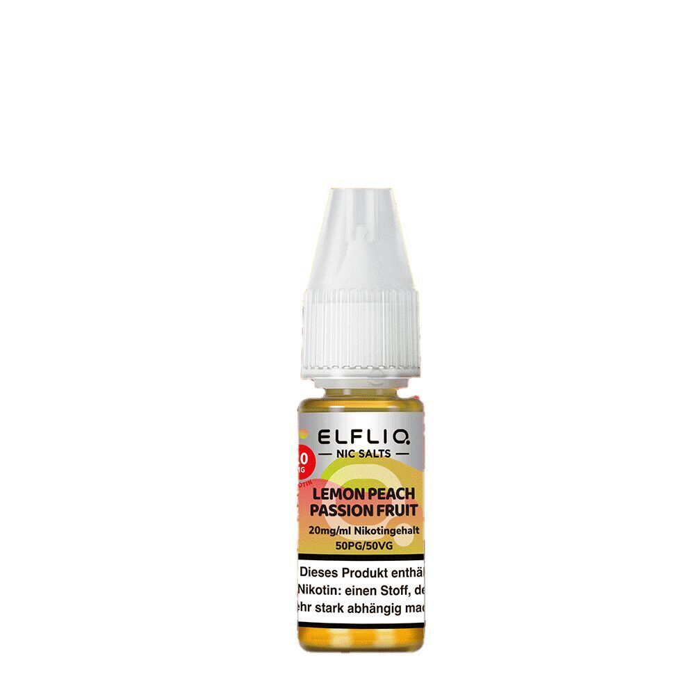 Elfliq Nikotinsalz - Lemon Peach Passion Fruit 20mg Elfliq Nikotinsalz Flasche mit Lemon Peach Passion Fruit Geschmacksangabe, 20mg/ml Nikotingehalt, weißer Deckel und Warnhinweis sichtbar