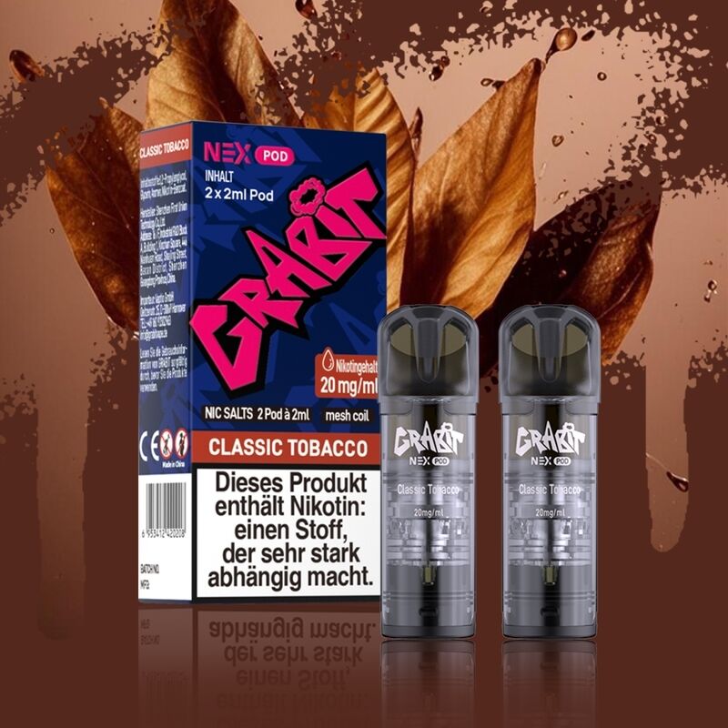 Grabit Nex Pods (2 Stück) Produktverpackung von Grabit Nex Pods - Classic Tobacco mit 2 Pods à 2ml, Nikotingehalt 20mg/ml, vor einem braunen Blatthintergrund.