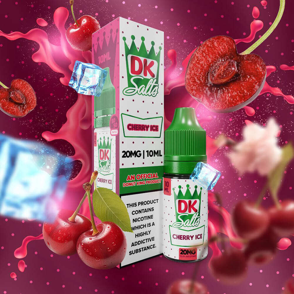 Liquid Cherry Ice 20mg - DK Salts DK Salts Cherry Ice Nikotinsalz 20mg Flasche und Verpackung mit Kirschen, Eiswürfeln und Spritzern auf pinkem Hintergrund.