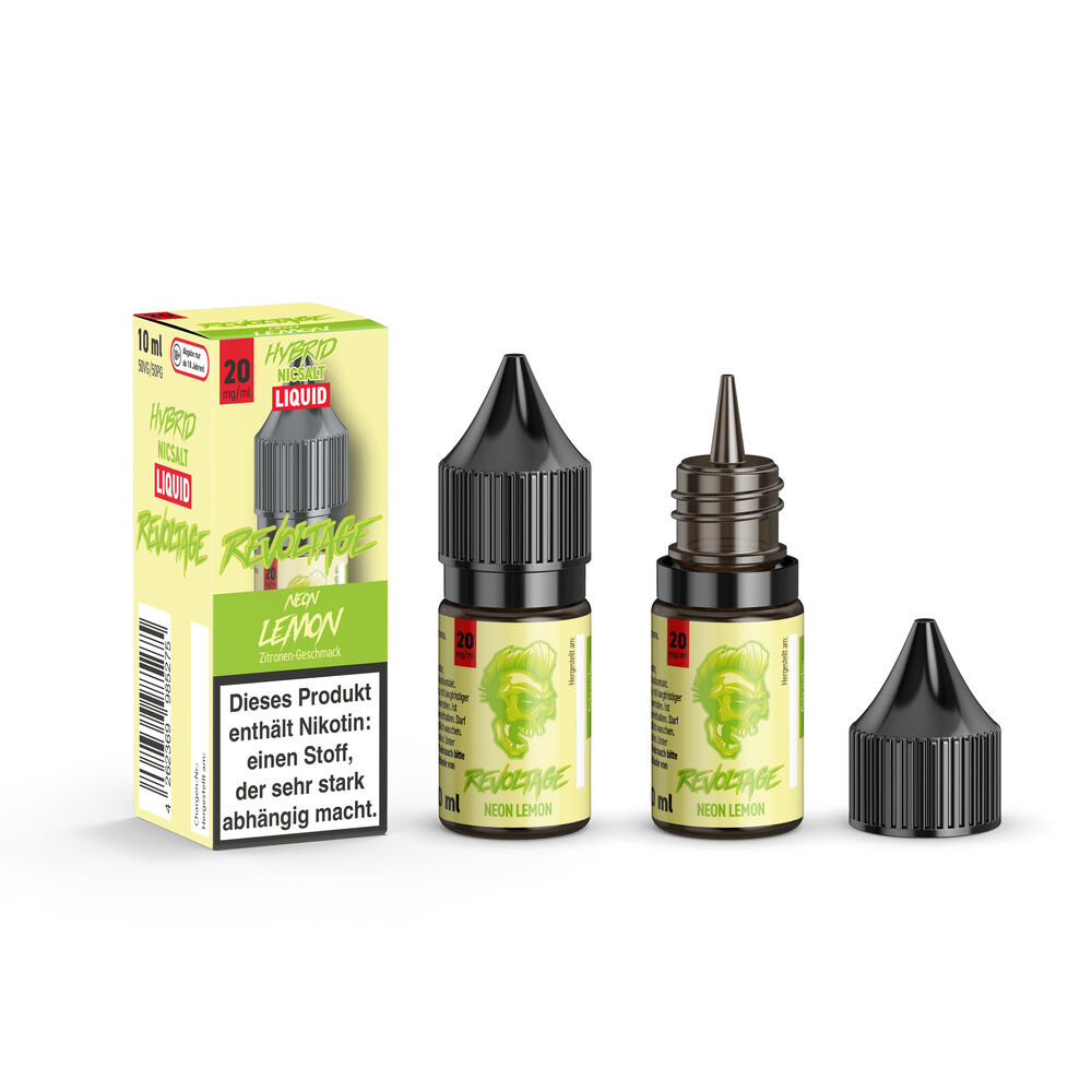 revoltage-hybrid-liquid-neon-lemon-20mg_4 Revoltage Hybrid Liquid - Neon Lemon 20mg, zwei schwarze Tropfflaschen mit gelbem Etikett und eine Verpackung mit Warnhinweis für Nikotin.
