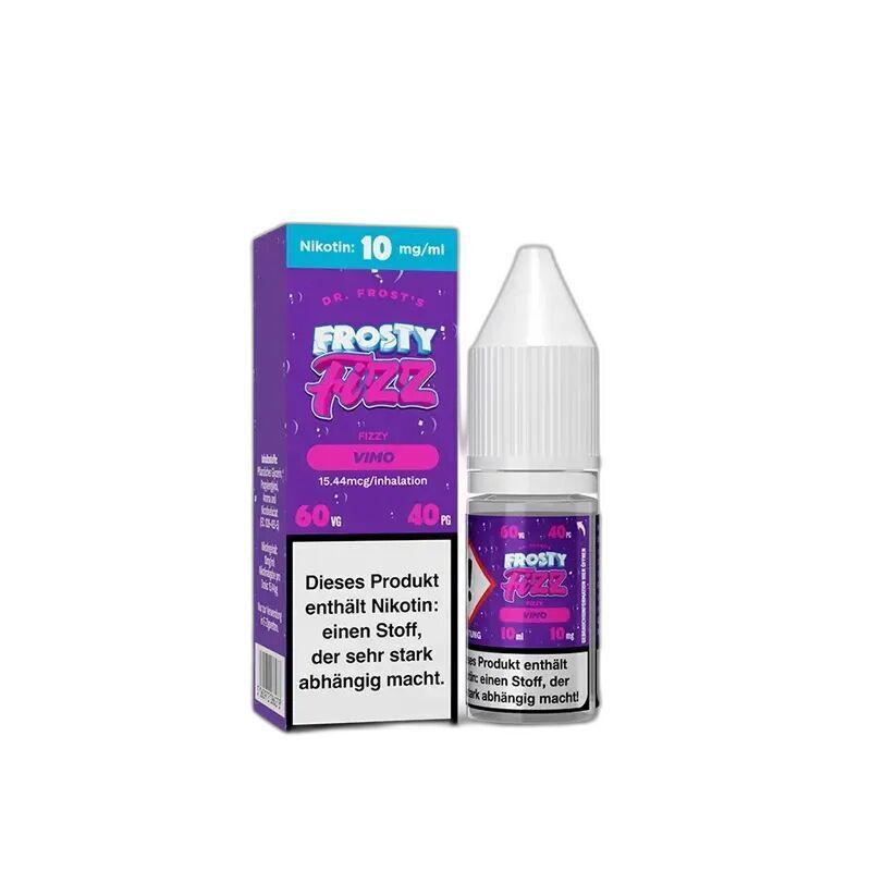 Dr. Frost Nikotinsalz - Frosty Fizz Vimo 10mg Dr. Frost Nikotinsalz-Flasche und Verpackung mit dem Aufdruck Frosty Fizz Vimo, Warnhinweis auf Nikotinsuchtgefahr