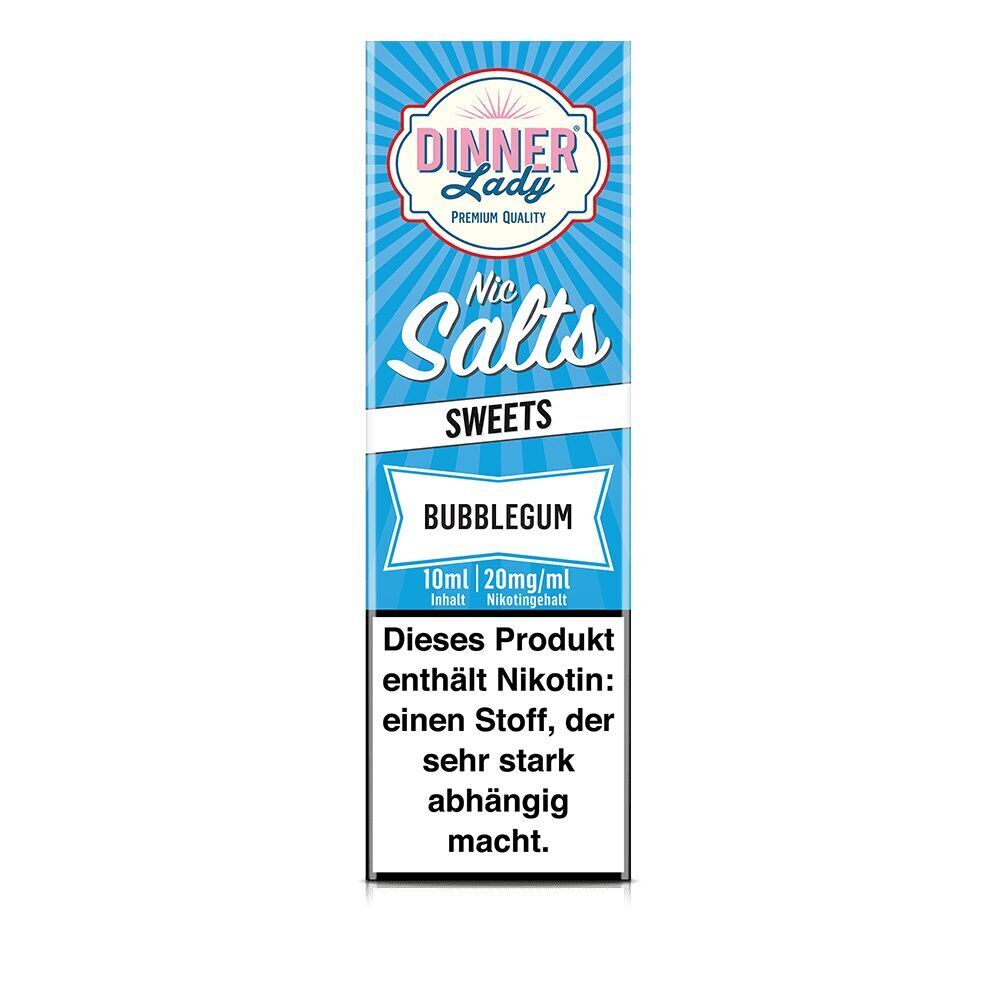 Dinner Lady Nikotinsalz Bubblegum 20mg Packung mit blauem Design; 10ml Inhalt, Sweets-Label; enthält Nikotin, stark abhängig machend.
