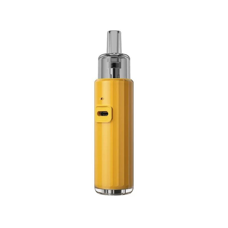 Voopoo Doric Q Pod Kit in der Farbe Primrose Yellow Voopoo Doric Q Pod Kit in Primrose Yellow, zylindrisches Design mit silbernem Mundstück und seitlichem USB-Anschluss.